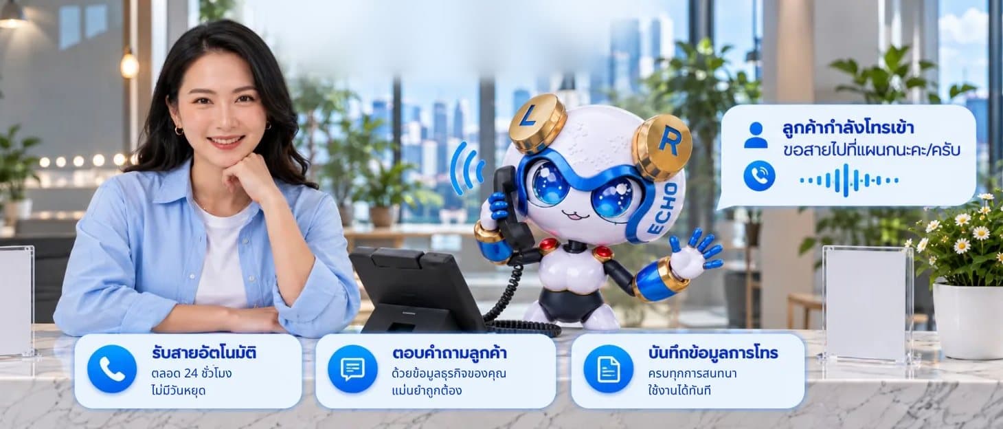 พนักงานต้อนรับยิ้มแย้ม ขณะที่เอคโคนิกช่วยรับโทรศัพท์ลูกค้า พร้อมการ์ดรับสายอัตโนมัติ ตอบคำถามลูกค้า และบันทึกข้อมูลการโทร