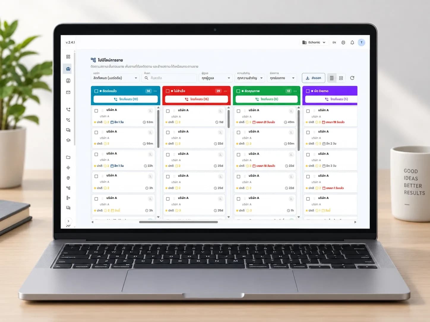 A laptop on a desk showing the Echonic sales pipeline as columns (contacted, no answer, qualified, demo booked), each with a call-the-whole-column button.