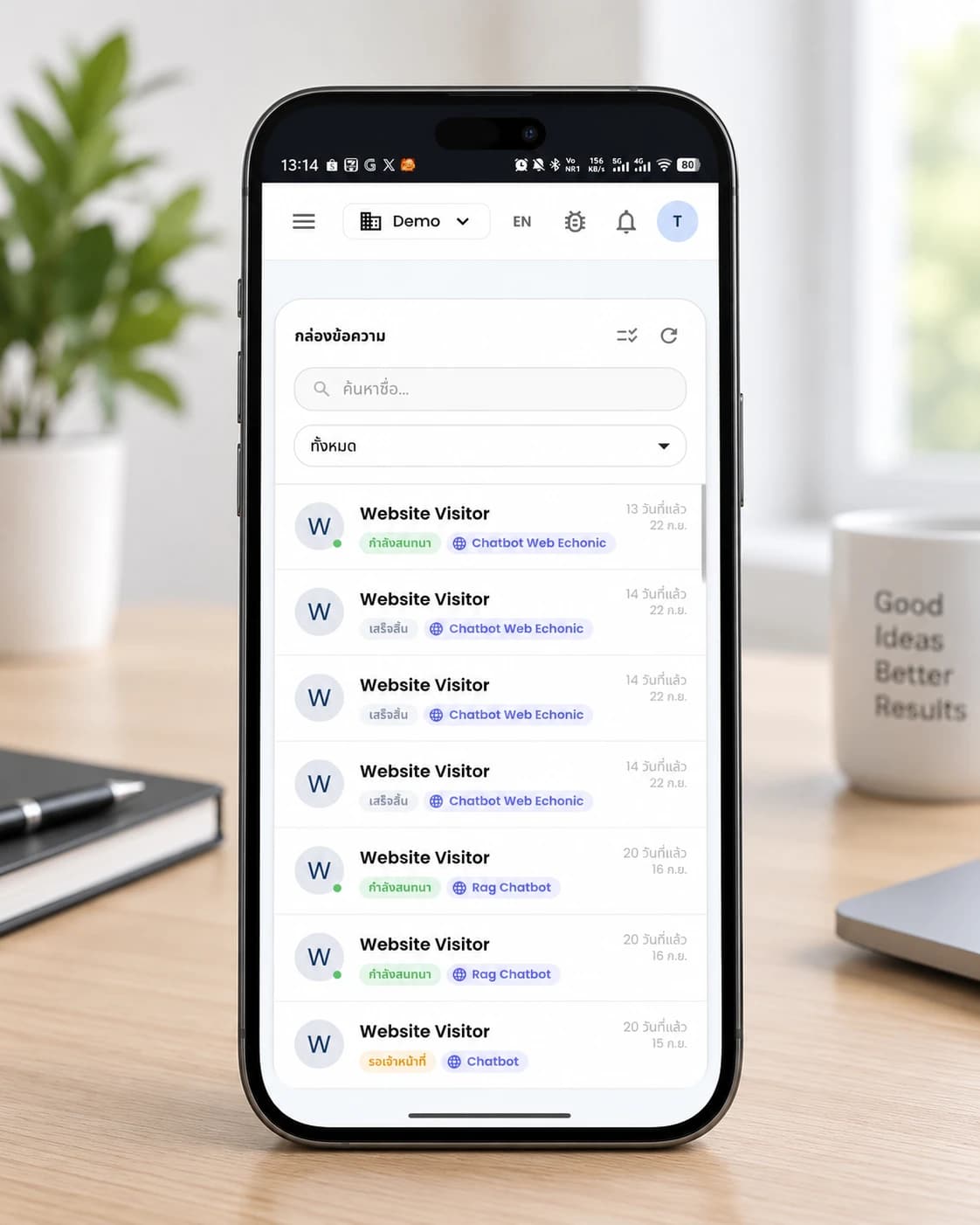 The Echonic inbox on a phone: website visitor chats, each with a status such as in conversation, finished, or waiting for staff.